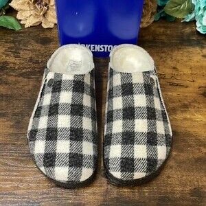 Birkenstock Zermatt Wool Felt Slippers for Ladies - Plaid White/Natural - 37M